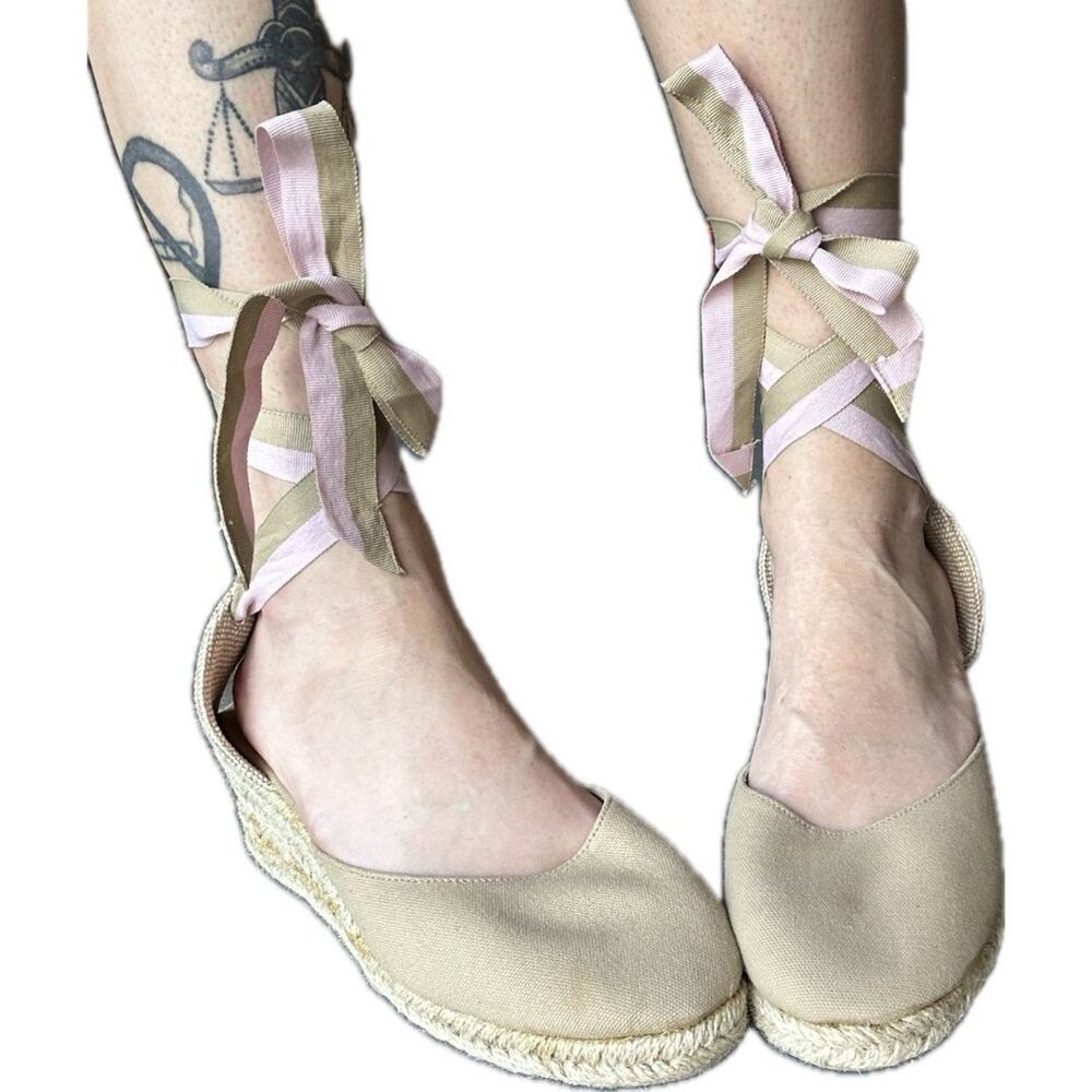 HIGH WEDGE Lace Up Women Espadrilles Pink Tan Montego Bay Club Size 10 Strappy